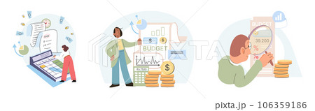 People analysis budget. Calculate financial plan of save income and expense. Data analysis, financial dashboard or accounting, corporate revenue or investment profit, tax, budget or marketing strategy 106359186