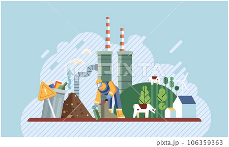 Environmental pollution with garbage and waste big problem due to human activities and unreasonable consumption. Man picking up garbage pile in container disposed on street exterior, littered city Environmental pollution with garbage and waste big problem due to human activities and unreasonable consumption. Man picking up garbage pile in container disposed on street exterior, littered city 106359363