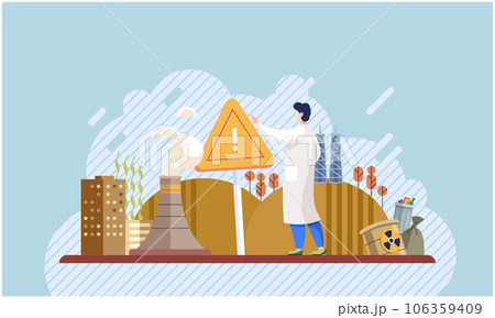 Air, water and soil pollution by industrial production, factories emitting smoke and harm environment, pouring toxic waste chemicals through pipes, environmental problem, harmful manufacture Air, water and soil pollution by industrial production, factories emitting smoke and harm environment, pouring toxic waste chemicals through pipes, environmental problem, harmful manufacture 106359409