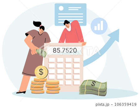 Financial accounting and calculation profit. Man and woman analyze income and expenses of family. Saving money, paying bills and taxation. Business people analyzing data, working on money report Financial accounting and calculation profit. Man and woman analyze income and expenses of family. Saving money, paying bills and taxation. Business people analyzing data, working on money report 106359419