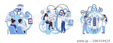 Team solving complex problems. Teamwork vector illustration metaphor. Creative business solutions related Innovation team management Team solves problems and generates ideas People analyzing business 106359425