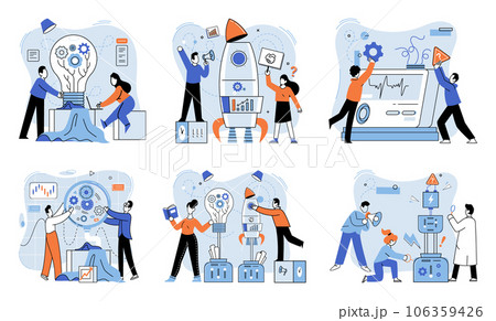 Team solving problems. Teamwork problem solving solution partnership Agile project management, planning and deadline, software development, scrum workflow, problem solving FAQ question and answer, 106359426