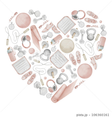 Heart shape drawing of Fitness exercise equipment. Hand drawn watercolor female pink sports accessories illustration. Gym clipart set on isolated background. Training item sketch for icon or logo. 106360161
