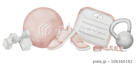 Sports equipment on isolated background. Hand drawn watercolor Fitness illustration of tape measure and scales. Drawing of pink fit ball and sneakers. Sketch dumbbell and kettlebell for gym banner. Sports equipment on isolated background. Hand drawn watercolor Fitness illustration of tape measure and scales. Drawing of pink fit ball and sneakers. Sketch dumbbell and kettlebell for gym banner. 106360162