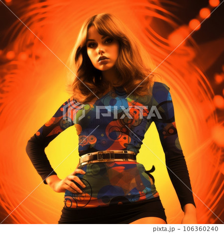 Young woman in mini skirt dress in psychedelic Swinging London style. In 1967 in a fashion psychedelic disco. Generative AI Young woman in mini skirt dress in psychedelic Swinging London style. In 1967 in a fashion psychedelic disco. Generative AI 106360240