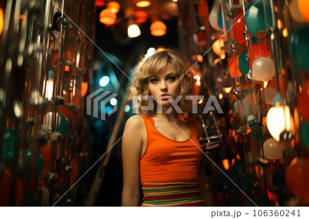 Young woman in mini skirt dress in psychedelic Swinging London style. In 1967 in a fashion psychedelic disco. Generative AI Young woman in mini skirt dress in psychedelic Swinging London style. In 1967 in a fashion psychedelic disco. Generative AI 106360241