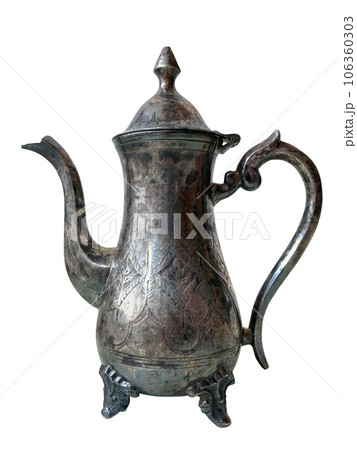 coffee pot old antique silver ware isolated on white background coffee pot old antique silver ware isolated on white background 106360303
