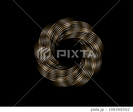 Metallic Abstract Flower Vortex, vector geometric circles bronze logo design isolated on black background. Technology round in wave elements 106360502