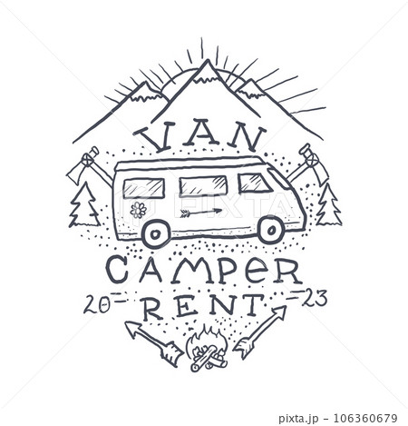 Car Rental Vampervan Vintage Logo Label hand Drawn. Vector Car Rental Vampervan Vintage Logo Label hand Drawn. Vector 106360679