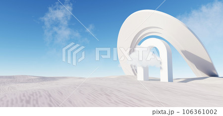 3d Render, Abstract Surreal pastel landscape background with Architecture modern building and geometric arches, Colorful dune scene with copy space, blue sky and cloudy, Minimalist decor design 3d Render, Abstract Surreal pastel landscape background with Architecture modern building and geometric arches, Colorful dune scene with copy space, blue sky and cloudy, Minimalist decor design 106361002
