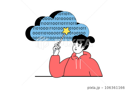 Cloud computing concept with people scene in flat web design. Woman processing files online and uploading data to cloud storage. Vector illustration for social media banner, marketing material. 106361166