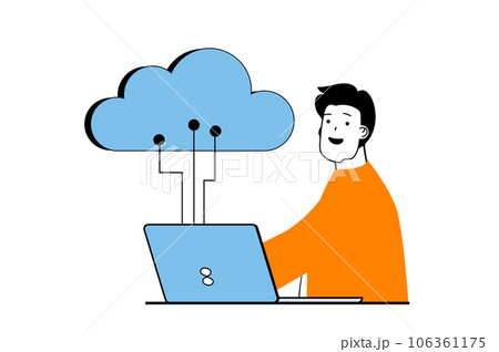 Cloud computing concept with people scene in flat web design. Man processing data using backup, transfer and download files at laptop. Vector illustration for social media banner, marketing material. 106361175