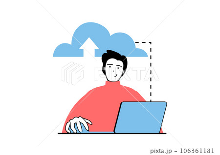 Cloud computing concept with people scene in flat web design. Man uploading data at cloud storage, processing data and using database. Vector illustration for social media banner, marketing material. 106361181
