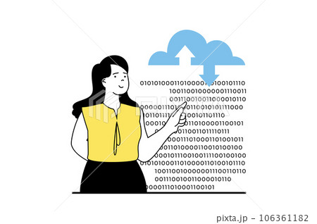 Cloud computing concept with people scene in flat web design. Woman uploading data at cloud storage for processing and using hosting. Vector illustration for social media banner, marketing material. Cloud computing concept with people scene in flat web design. Woman uploading data at cloud storage for processing and using hosting. Vector illustration for social media banner, marketing material. 106361182