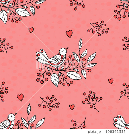 Romantic seamless pattern with bird on branch with Christmas berries on pink background with heart. Vector illustration. folk repetitive design in style colored linear hand drawing. 106361535