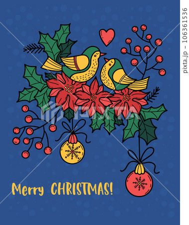 Merry Christmas romantic greeting card. Pair of love birds with berries, poinsettia flowers, holly and Christmas balls on blue background. Vector vertical illustration. Xmas folk design. 106361536