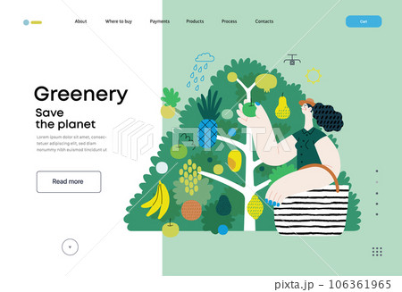 Greenery, ecology -modern flat vector concept illustration of a woman gathering fruit from the 40 fruit tree. Metaphor of environmental sustainability and protection, closeness to nature 106361965