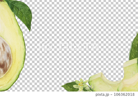 Frame of avocado watercolor hand drawn realistic illustrations. Green and fresh arts of salad, sauce, guacamole, smoothie ingredient. For textile, menu, cards, paper, package design 106362018