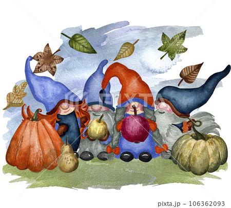 Gnomes family with autumn vegetables harvest. Thankgiving iilustration with gnomes, pumpkin, maple leaves, fruits, vegetables, flowers. Watercolor painting on white background. 106362093