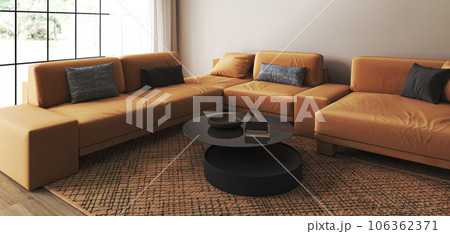 Beige livingroom interior design with natural orange furniture. Scandi boho style interior background. Horizontal banner panoramic. 3d rendering. High quality 3d illustration Beige livingroom interior design with natural orange furniture. Scandi boho style interior background. Horizontal banner panoramic. 3d rendering. High quality 3d illustration 106362371