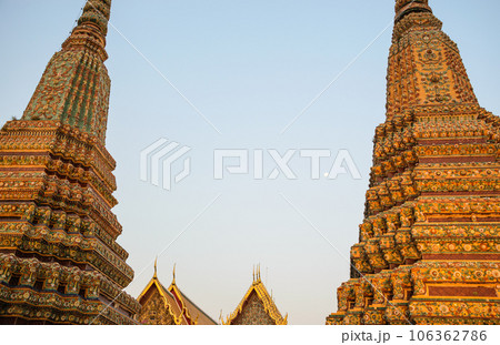 Stupa and Pagoda from temple of Wat Pho and Grand Palace Bangkok. Stupa and Pagoda from temple of Wat Pho and Grand Palace Bangkok. 106362786