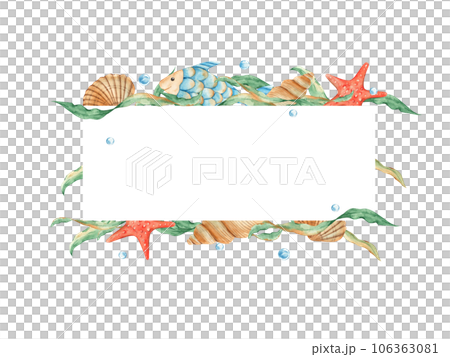 Sea horizontal frame, cute fish, seashells, seaweeds, red sea star and blue water bubbles. Marine design. Watercolor hand drawn illustration isolated on white background. For cards, logos, baby shower 106363081