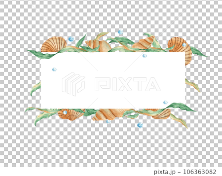 Sea horizontal frame, seashells, seaweeds and blue water bubbles. Marine design. Watercolor hand drawn illustration isolated on white background. For cards, logos, baby shower, banners, blog templates Sea horizontal frame, seashells, seaweeds and blue water bubbles. Marine design. Watercolor hand drawn illustration isolated on white background. For cards, logos, baby shower, banners, blog templates 106363082