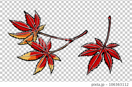 紅葉した3枚のイロハカエデの葉　筆描き・マット塗り 106363112