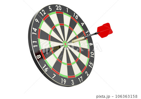 Dartboard with dart in bullseye, 3D rendering 106363158