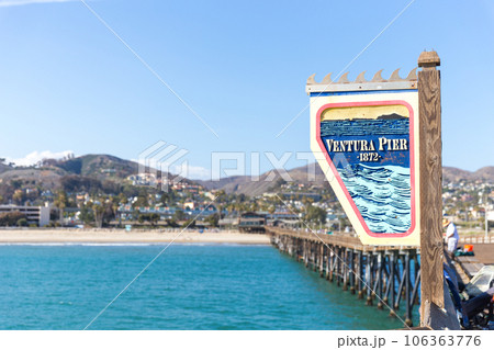 VENICE, UNITED STATES - MAY 21, 2015: Ventura Historic Pier wooden sign in Los Angeles, USA VENICE, UNITED STATES - MAY 21, 2015: Ventura Historic Pier wooden sign in Los Angeles, USA 106363776