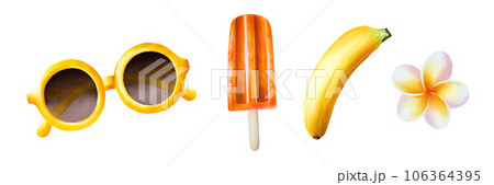 Watercolor tropical set of illustrations with fruit ice cream, sunglasses, banana, frangipani isolated on white background. Beautiful hand painted refreshing dessert. For designers, spa decoration, 106364395