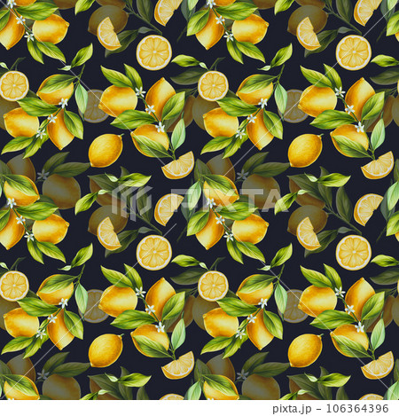 Watercolor seamless pattern with fresh ripe lemon with bright green leaves and flowers. Hand drawn cut citrus slices painting on white background. For designers, postcards, party Invitations, wrapping 106364396