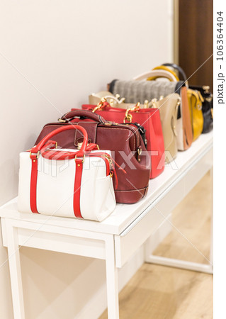 Collection of fashinable bags standing on a shelf in a row 106364404