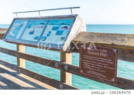 VENICE, UNITED STATES - MAY 21, 2015: Ventura Historic Pier wooden sign in Los Angeles, USA VENICE, UNITED STATES - MAY 21, 2015: Ventura Historic Pier wooden sign in Los Angeles, USA 106364476