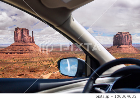 Monument Valley, popular turistic place in Utah, USA, view through car window 106364635