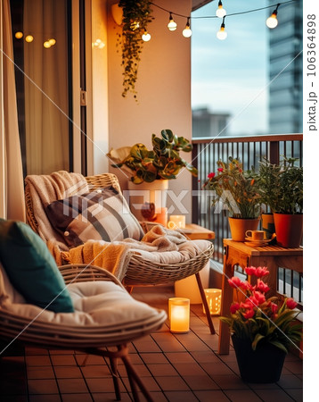 Cozy autumn balcony decor, warm fall city balcony decor with chair and pillows, pumpkins, yellow leaves and candles 106364898