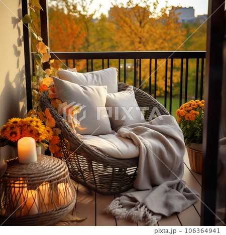 Cozy autumn balcony decor, warm fall city balcony decor with chair and pillows, pumpkins, yellow leaves and candles 106364941