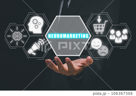 Neuromarketing concept, Businessman hand holding neuromarketing icon on virtual screen. 106367308