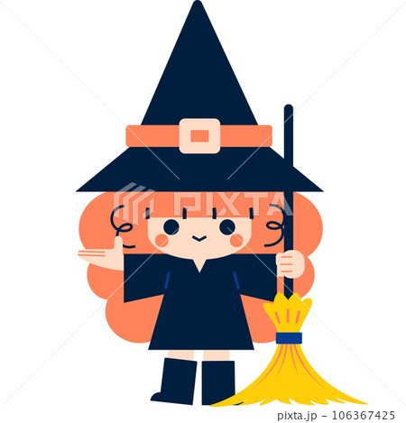 Halloween Cute Cartoon Witch with a Broom and Raising Her Right Hand 106367425