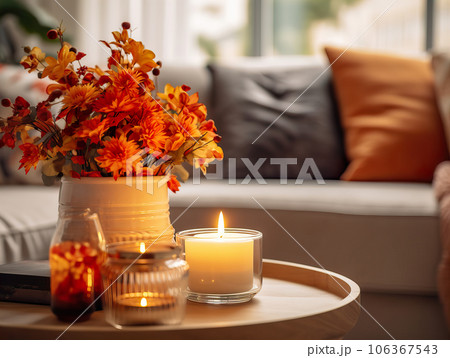 Cozy autumn interior decor arrangement, warm fall home decoration composition, dried flowers in vase 106367543