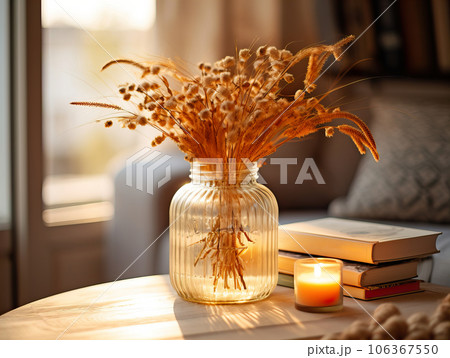 Cozy autumn interior decor arrangement, warm fall home decoration composition, dried flowers in vase 106367550