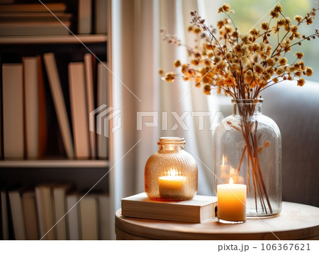 Cozy autumn interior decor arrangement, warm fall home decoration composition, dried flowers in vase 106367621