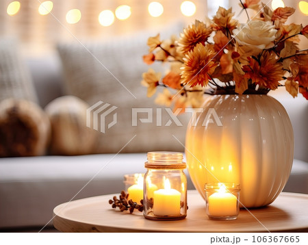 Cozy autumn interior decor arrangement, warm fall home decoration composition, dried flowers in vase 106367665