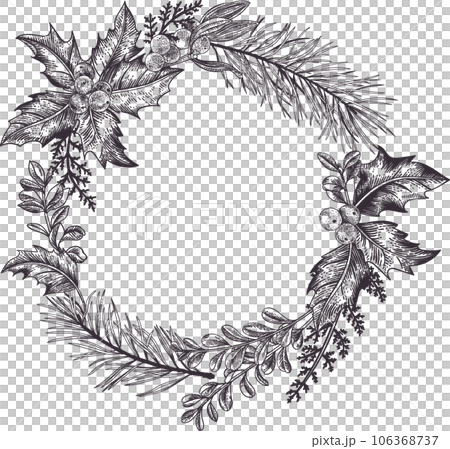 Winter wreath with pine, holly, boxwood, mistletoe and fern branches. Engraving style. Botanical illustration. Black. Winter wreath with pine, holly, boxwood, mistletoe and fern branches. Engraving style. Botanical illustration. Black. 106368737