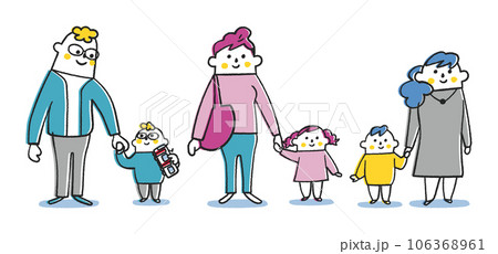 3組の小さい子供と手を繋いでいる親子 セット イラスト素材 3組の小さい子供と手を繋いでいる親子 セット イラスト素材 106368961