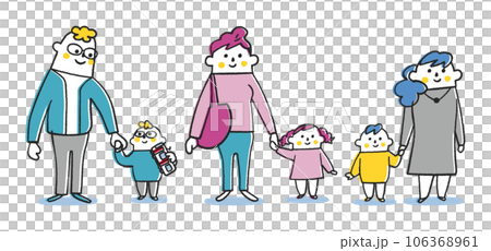 3組の小さい子供と手を繋いでいる親子 セット イラスト素材 3組の小さい子供と手を繋いでいる親子 セット イラスト素材 106368961