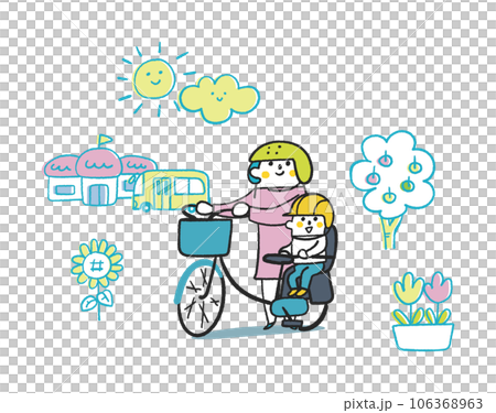 自転車でお出かけまたは登園する親子　セット　イラスト素材	 106368963