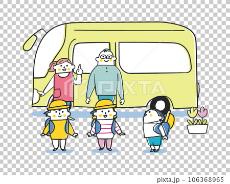 園バスの前で安全確認する先生と子供たち　イラスト素材 106368965