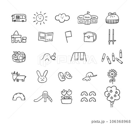 幼稚園や保育園に関する遊具、施設、生活用品のアイコン　モノクロ　セット　イラスト素材 106368968