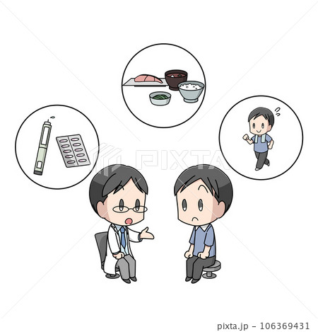 糖尿病の治療方法を医者から聞く男性のイラスト 106369431